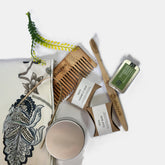 Sustainable Travel Kit| Bamboo Brush, Tongue Cleaner, Soap, Shampoo Bar, Neem Comb, Toothpaste Tabs, Cotton Pouch