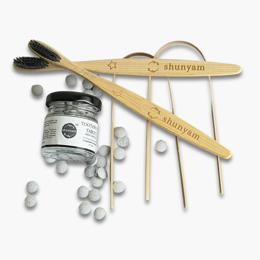 Shunyam Dental Kit Combo – 60 Toothpaste Tabs + 2 x Bamboo Brushes + 2 x Tongue Cleaners in a Cotton Pouch