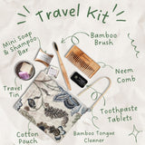 Sustainable Travel Kit| Bamboo Brush, Tongue Cleaner, Soap, Shampoo Bar, Neem Comb, Toothpaste Tabs, Cotton Pouch
