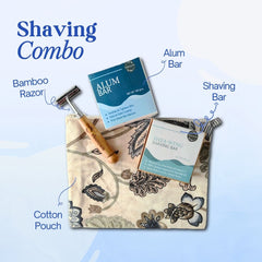 Sustainable Grooming Combo | Bamboo Razor + Natural Shaving Bar + Alum Aftershave Bar + Upcycled Cotton Pouch