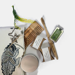 Sustainable Travel Kit| Bamboo Brush, Tongue Cleaner, Soap, Shampoo Bar, Neem Comb, Toothpaste Tabs, Cotton Pouch