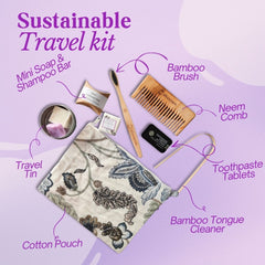 Sustainable Travel Kit| Bamboo Brush, Tongue Cleaner, Soap, Shampoo Bar, Neem Comb, Toothpaste Tabs, Cotton Pouch