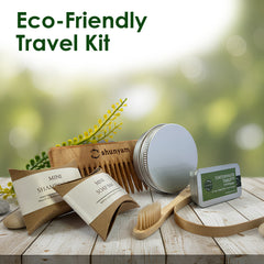 Sustainable Travel Kit| Bamboo Brush, Tongue Cleaner, Soap, Shampoo Bar, Neem Comb, Toothpaste Tabs, Cotton Pouch