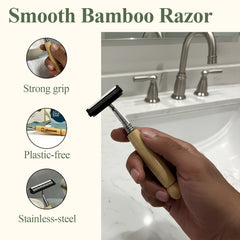 Sustainable Grooming Combo | Bamboo Razor + Natural Shaving Bar + Alum Aftershave Bar + Upcycled Cotton Pouch