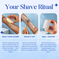 Sustainable Grooming Combo | Bamboo Razor + Natural Shaving Bar + Alum Aftershave Bar + Upcycled Cotton Pouch