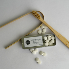 Sustainable Dental Kit – Bamboo Brush, Tongue Cleaner & 30 Toothpaste Tablets with Pouch