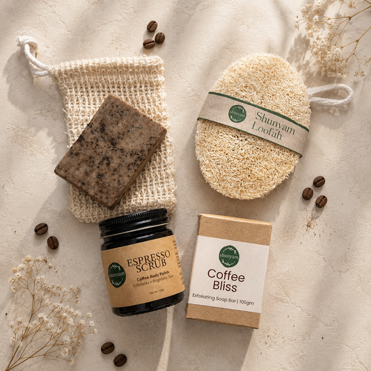 Coffee Glow De-Tan Ritual Kit | Coffee Bliss Soap + Espresso Scrub + Soap Saver + Loofah