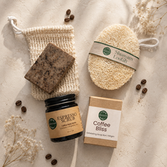 Coffee Glow De-Tan Ritual Kit | Coffee Bliss Soap + Espresso Scrub + Soap Saver + Loofah