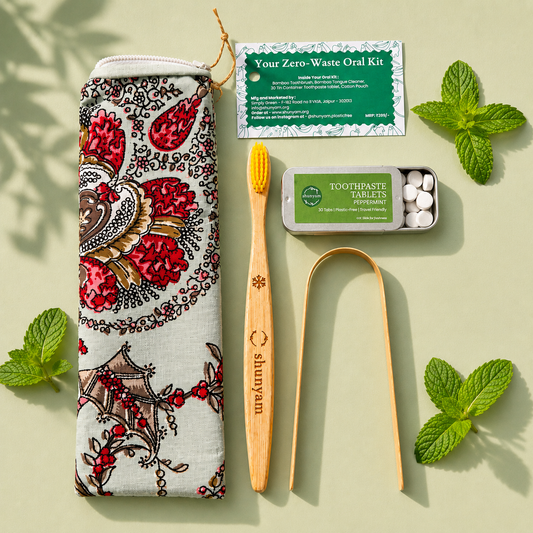 Sustainable Dental Kit – Bamboo Brush, Tongue Cleaner & 30 Toothpaste Tablets with Pouch
