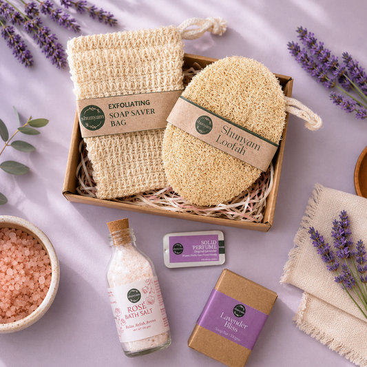 Shunyam Body Care Ritual Box | Goat Milk Soap, Soap Saver Bag, Loofah, Solid Perfume, Bath Salt