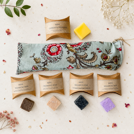 Shunyam Mini Hair Care Kit – 4 Shampoo Bar Minis + Conditioner Bar in Pouch