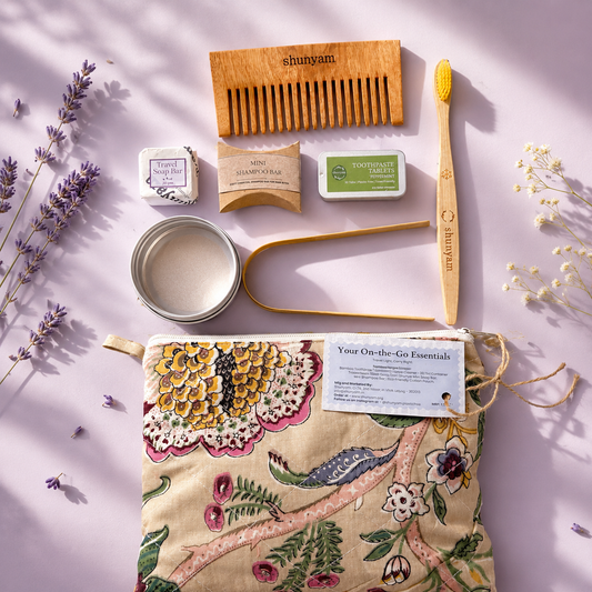 Sustainable Travel Kit| Bamboo Brush, Tongue Cleaner, Soap, Shampoo Bar, Neem Comb, Toothpaste Tabs, Cotton Pouch