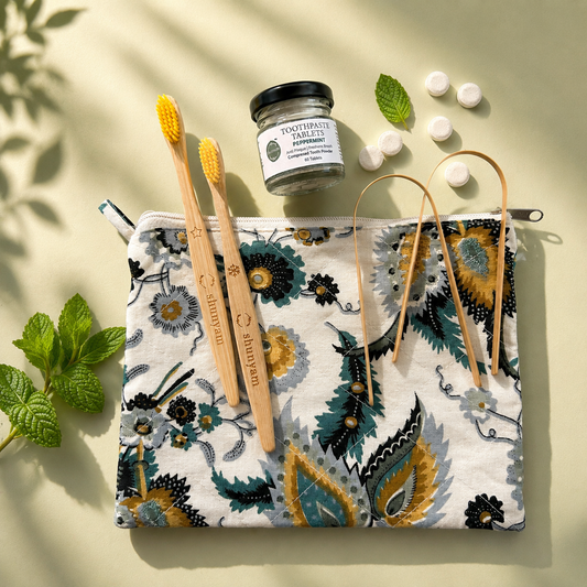 Shunyam Dental Kit Combo – 60 Toothpaste Tabs + 2 x Bamboo Brushes +  2 x Tongue Cleaners in a Cotton Pouch