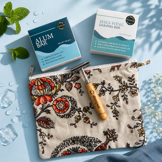Sustainable Grooming Combo | Bamboo Razor + Natural Shaving Bar + Alum Aftershave Bar + Upcycled Cotton Pouch