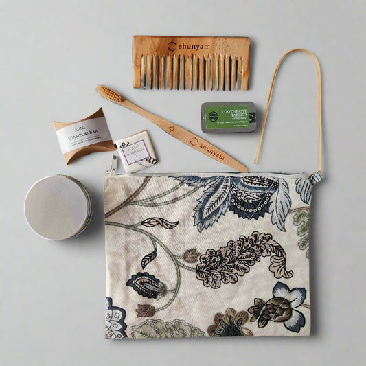 Sustainable Travel Kit| Bamboo Brush, Tongue Cleaner, Soap, Shampoo Bar, Neem Comb, Toothpaste Tabs, Cotton Pouch