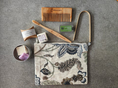 Sustainable Travel Kit| Bamboo Brush, Tongue Cleaner, Soap, Shampoo Bar, Neem Comb, Toothpaste Tabs, Cotton Pouch