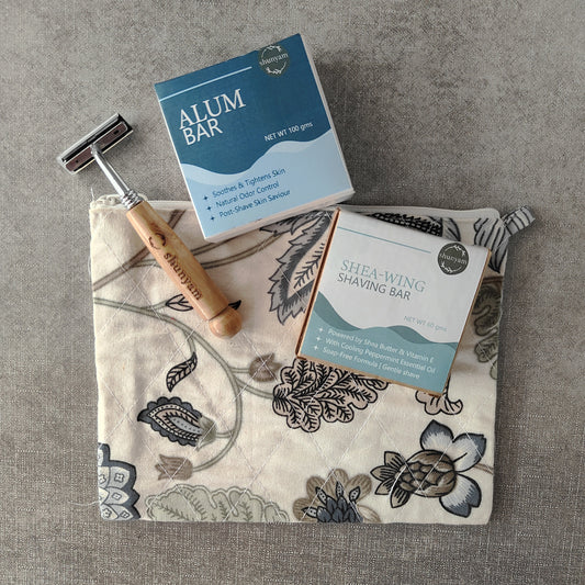 Sustainable Grooming Combo | Bamboo Razor + Natural Shaving Bar + Alum Aftershave Bar + Upcycled Cotton Pouch