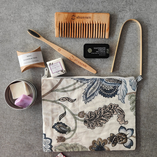 Sustainable Travel Kit| Bamboo Brush, Tongue Cleaner, Soap, Shampoo Bar, Neem Comb, Toothpaste Tabs, Cotton Pouch