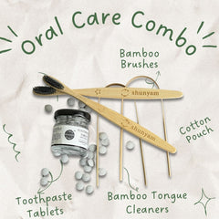 Shunyam Dental Kit Combo – 60 Toothpaste Tabs + 2 x Bamboo Brushes +  2 x Tongue Cleaners in a Cotton Pouch
