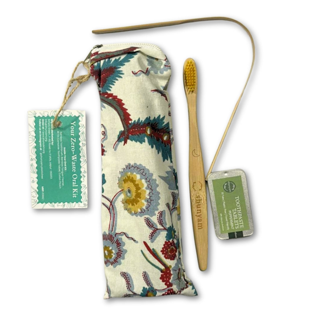 Sustainable Dental Kit – Bamboo Brush, Tongue Cleaner & 30 Toothpaste Tablets with Pouch