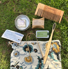 Sustainable Travel Kit| Bamboo Brush, Tongue Cleaner, Soap, Shampoo Bar, Neem Comb, Toothpaste Tabs, Cotton Pouch