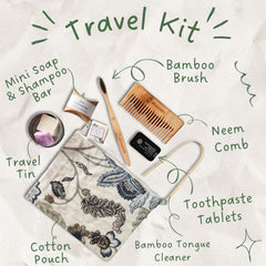 Sustainable Travel Kit| Bamboo Brush, Tongue Cleaner, Soap, Shampoo Bar, Neem Comb, Toothpaste Tabs, Cotton Pouch