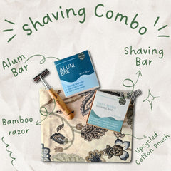 Sustainable Grooming Combo | Bamboo Razor + Natural Shaving Bar + Alum Aftershave Bar + Upcycled Cotton Pouch