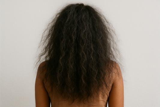 Generate an Image with a Indian female having messy, dry, frizzy hair. Women should be showing her back only. background of the image should be #f8f8f8