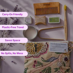 Sustainable Travel Kit| Bamboo Brush, Tongue Cleaner, Soap, Shampoo Bar, Neem Comb, Toothpaste Tabs, Cotton Pouch